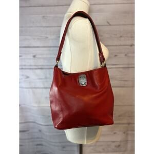 The Saks Red Leather Shoulder Bag Hobo Style Silver Hardware Purse